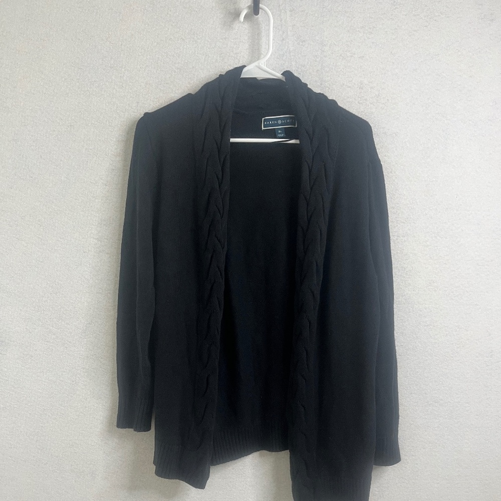 Karen Scott Black Open Front Cardigan Sweater XL | Braided Trim